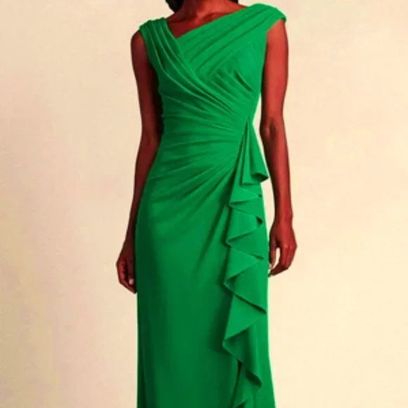 tadashi shoji green dress Copley Shoulder Drape Gown GRLEF – Tadashi Shoji Official Online Boutique main image 0